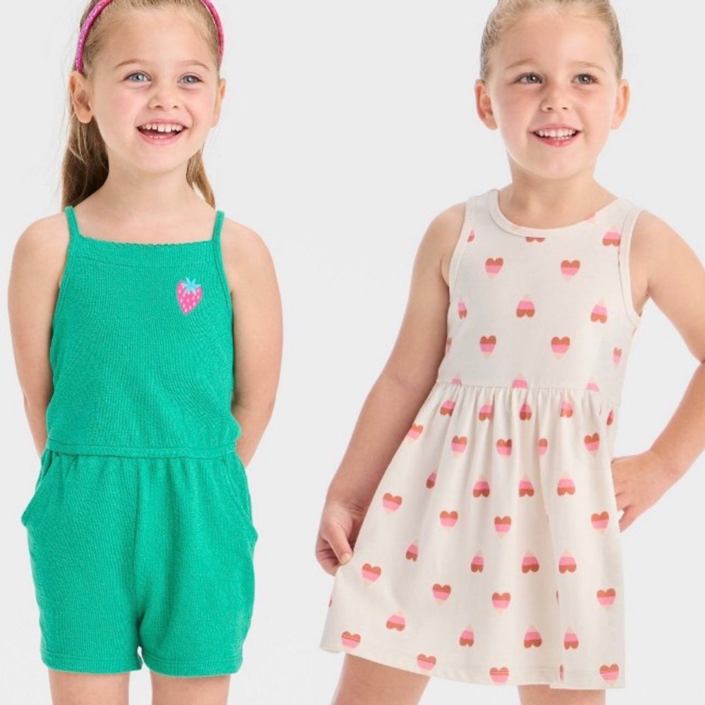 Lot of 2 Cat&Jack Toddler Girls Green Strawberry Romper & Heart Print Dress 3T